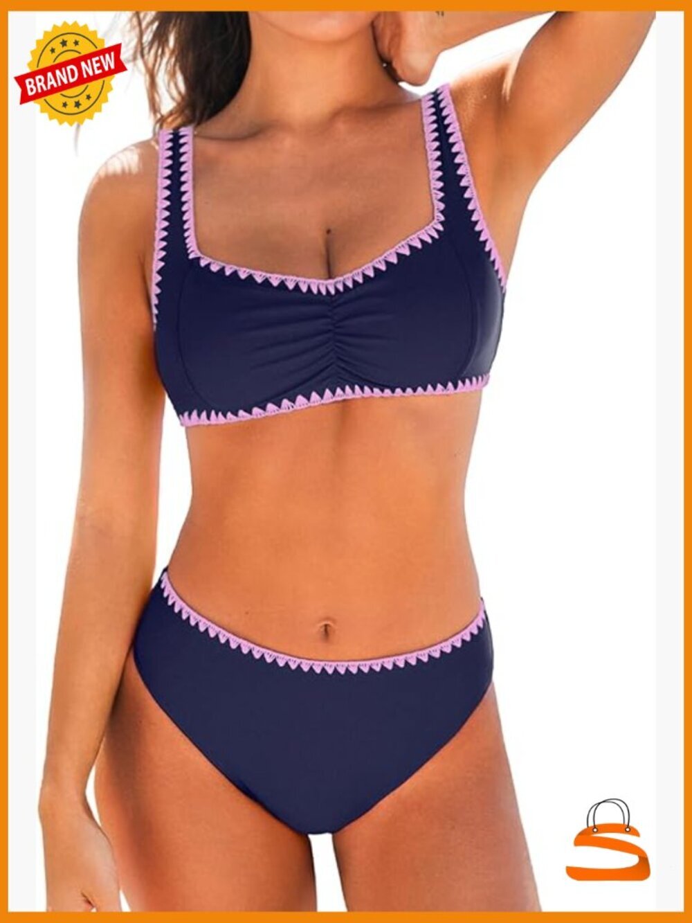 Sweetheart Neck Bikini Set Adjustable Straps Mid Rise Swimwear Stitching